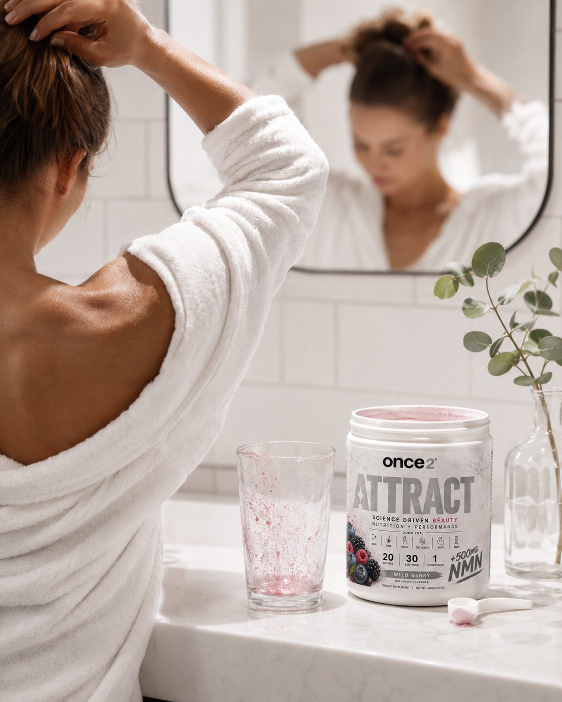 Morning routine — glass finished, hair up