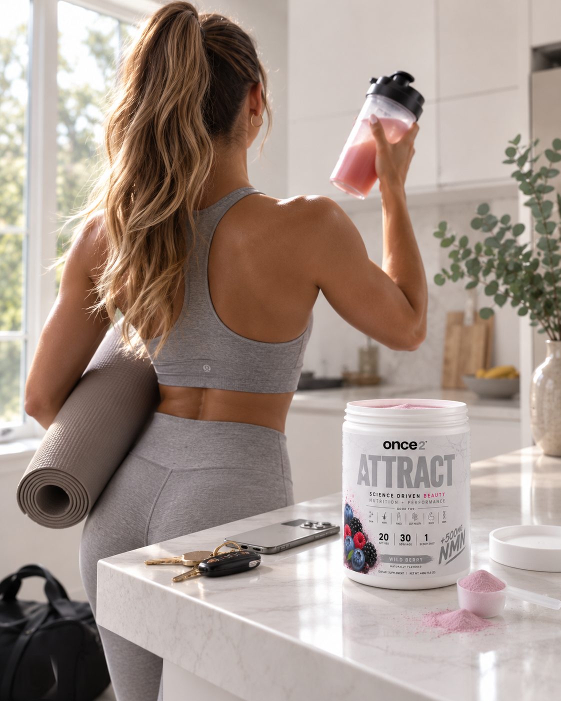 Post-workout shake at the kitchen island