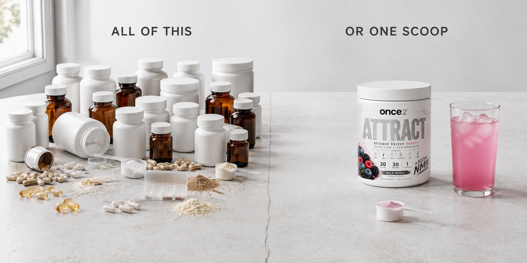 All of this, or one scoop of ATTRACT &mdash; a cabinet of pill bottles and powders versus a single supplement tub